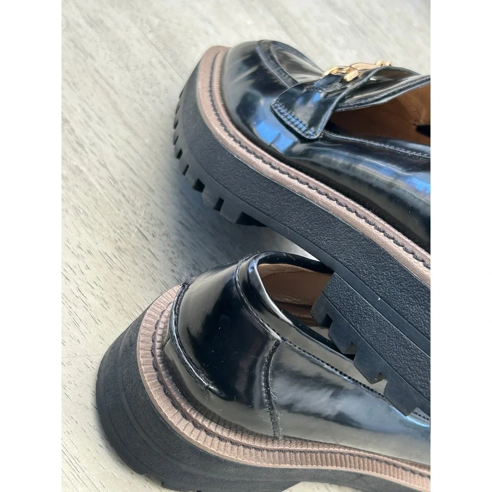 Sam Edelman Black Patent Horsebit Lug Sole Loafers Womens 8 Chunky Platform